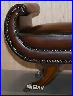 Rare Regency Scroll Arm Fully Restored Brown Leather Hand Dyed Window Bench Seat