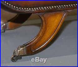 Rare Regency Scroll Arm Fully Restored Brown Leather Hand Dyed Window Bench Seat