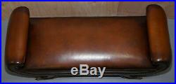 Rare Regency Scroll Arm Fully Restored Brown Leather Hand Dyed Window Bench Seat