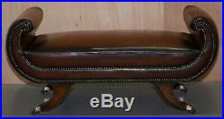 Rare Regency Scroll Arm Fully Restored Brown Leather Hand Dyed Window Bench Seat