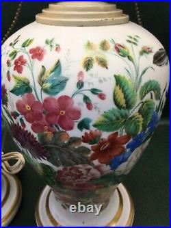 Rare Two Antique Victorian Hand Painted Bristol Glass Lamps Flowers & Birds