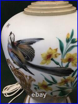 Rare Two Antique Victorian Hand Painted Bristol Glass Lamps Flowers & Birds