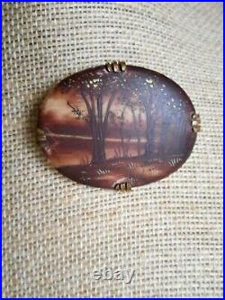 Rare Victorian 1800's Hand Painted Gold Cameo Landscape Brooch Hallmarked LD