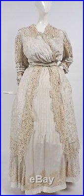 Rare Victorian Chinese Hand Emb Silk Dress Gown With Hand Made Lace Trims