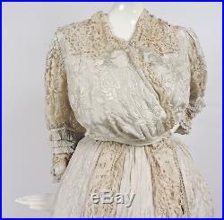 Rare Victorian Chinese Hand Emb Silk Dress Gown With Hand Made Lace Trims