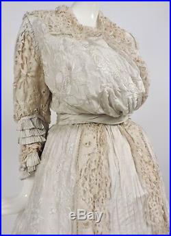 Rare Victorian Chinese Hand Emb Silk Dress Gown With Hand Made Lace Trims