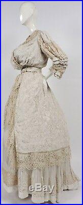 Rare Victorian Chinese Hand Emb Silk Dress Gown With Hand Made Lace Trims