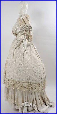 Rare Victorian Chinese Hand Emb Silk Dress Gown With Hand Made Lace Trims