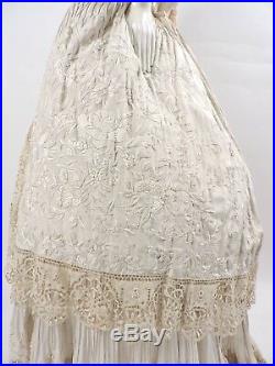 Rare Victorian Chinese Hand Emb Silk Dress Gown With Hand Made Lace Trims