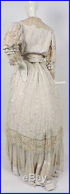 Rare Victorian Chinese Hand Emb Silk Dress Gown With Hand Made Lace Trims