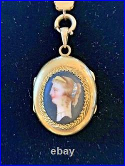 Rare Victorian Gold Filled Hand Painted Portrait Necklace Locket 1890's Mint