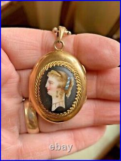 Rare Victorian Gold Filled Hand Painted Portrait Necklace Locket 1890's Mint