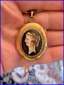 Rare Victorian Gold Filled Hand Painted Portrait Necklace Locket 1890's Mint