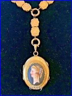 Rare Victorian Gold Filled Hand Painted Portrait Necklace Locket 1890's Mint