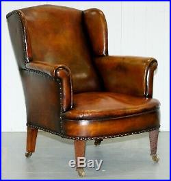 Rare Victorian Hampton & Son's Stamped Wingback Hand Dyed Brown Leather Armchair