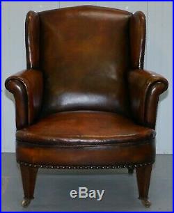 Rare Victorian Hampton & Son's Stamped Wingback Hand Dyed Brown Leather Armchair