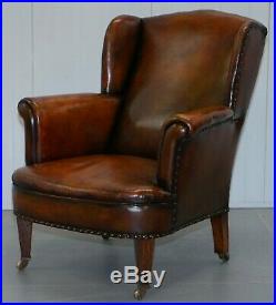 Rare Victorian Hampton & Son's Stamped Wingback Hand Dyed Brown Leather Armchair