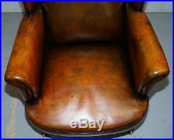 Rare Victorian Hampton & Son's Stamped Wingback Hand Dyed Brown Leather Armchair