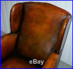 Rare Victorian Hampton & Son's Stamped Wingback Hand Dyed Brown Leather Armchair