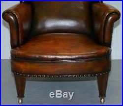 Rare Victorian Hampton & Son's Stamped Wingback Hand Dyed Brown Leather Armchair