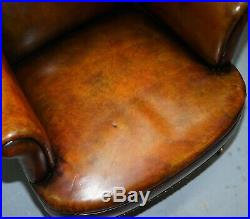 Rare Victorian Hampton & Son's Stamped Wingback Hand Dyed Brown Leather Armchair