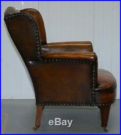 Rare Victorian Hampton & Son's Stamped Wingback Hand Dyed Brown Leather Armchair