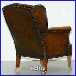 Rare Victorian Hampton & Son's Stamped Wingback Hand Dyed Brown Leather Armchair