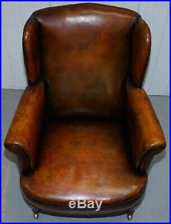 Rare Victorian Hampton & Son's Stamped Wingback Hand Dyed Brown Leather Armchair