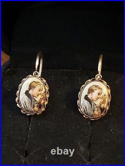Rare Victorian Hand Painted Porcelain Religious Earrings Saint Apostle withCross