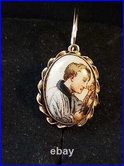 Rare Victorian Hand Painted Porcelain Religious Earrings Saint Apostle withCross