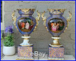 Rare antique PAIR French Vieux paris porcelain hand paint victorian scene vases