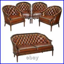 Restored Chesterfield Brown Leather Hand Dyed Suite Armchairs Sofa Faux Bamboo