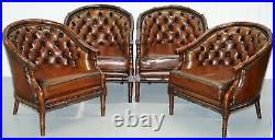 Restored Chesterfield Brown Leather Hand Dyed Suite Armchairs Sofa Faux Bamboo