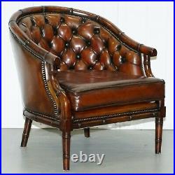 Restored Chesterfield Brown Leather Hand Dyed Suite Armchairs Sofa Faux Bamboo