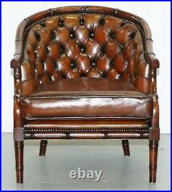 Restored Chesterfield Brown Leather Hand Dyed Suite Armchairs Sofa Faux Bamboo