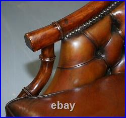 Restored Chesterfield Brown Leather Hand Dyed Suite Armchairs Sofa Faux Bamboo