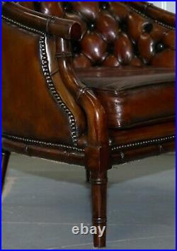 Restored Chesterfield Brown Leather Hand Dyed Suite Armchairs Sofa Faux Bamboo