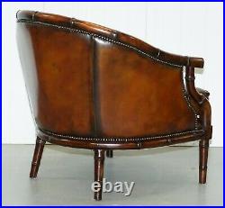 Restored Chesterfield Brown Leather Hand Dyed Suite Armchairs Sofa Faux Bamboo