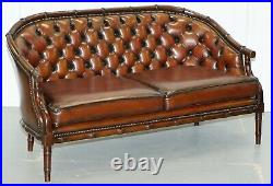 Restored Chesterfield Brown Leather Hand Dyed Suite Armchairs Sofa Faux Bamboo