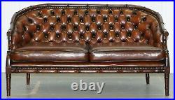 Restored Chesterfield Brown Leather Hand Dyed Suite Armchairs Sofa Faux Bamboo