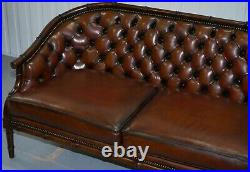 Restored Chesterfield Brown Leather Hand Dyed Suite Armchairs Sofa Faux Bamboo