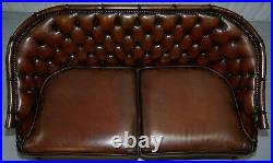 Restored Chesterfield Brown Leather Hand Dyed Suite Armchairs Sofa Faux Bamboo