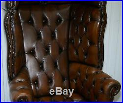 Restored Hand Dyed Cigar Brown Leather Chesterfield Porters Armchair Chair