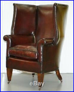 Restored Reddish Brown Hand Dyed Leather Victorian Porters Wingback Armchair