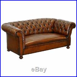 Restored Victorian Drop Arm Chesterfield Buttoned Hand Dyed Brown Leather Sofa