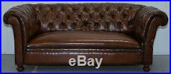 Restored Victorian Drop Arm Chesterfield Buttoned Hand Dyed Brown Leather Sofa