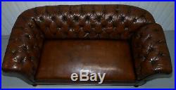 Restored Victorian Drop Arm Chesterfield Buttoned Hand Dyed Brown Leather Sofa