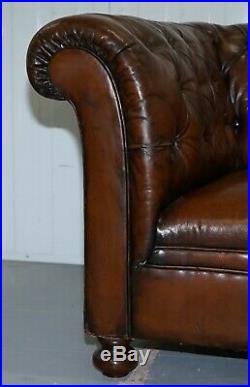 Restored Victorian Drop Arm Chesterfield Buttoned Hand Dyed Brown Leather Sofa