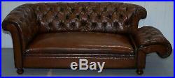 Restored Victorian Drop Arm Chesterfield Buttoned Hand Dyed Brown Leather Sofa