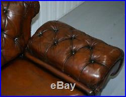 Restored Victorian Drop Arm Chesterfield Buttoned Hand Dyed Brown Leather Sofa